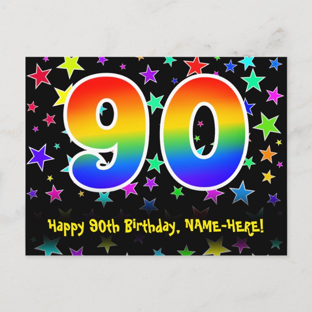 Carte Postale 90e Anniversaire : Motif Étoiles Amusantes, Arc-en (Devant)