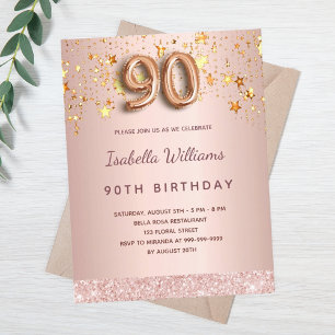 Carte Postale 90e anniversaire rose or rose étoiles script ballo