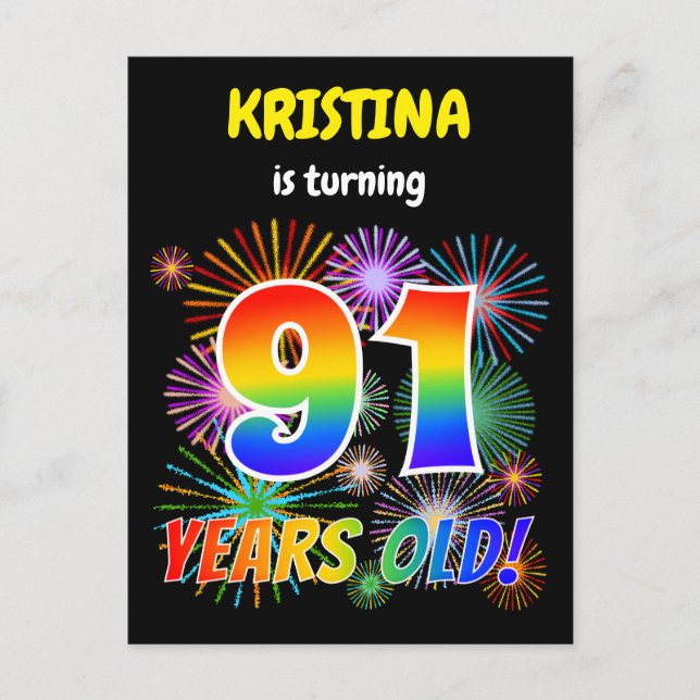 Carte Postale 91e anniversaire - Fun Fireworks, Rainbow Look "91 (Devant)