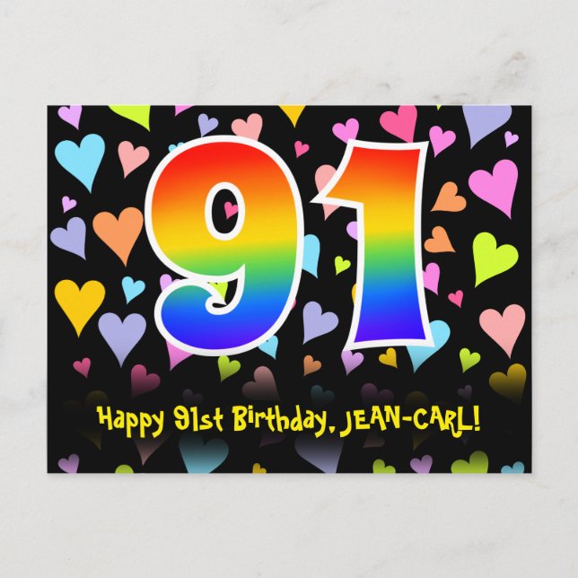 Carte Postale 91e Anniversaire : motif coeurs amusants, arc-en-c (Devant)