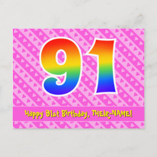 Carte Postale 91e anniversaire : Pink Stripes & Hearts, Arc-en-c