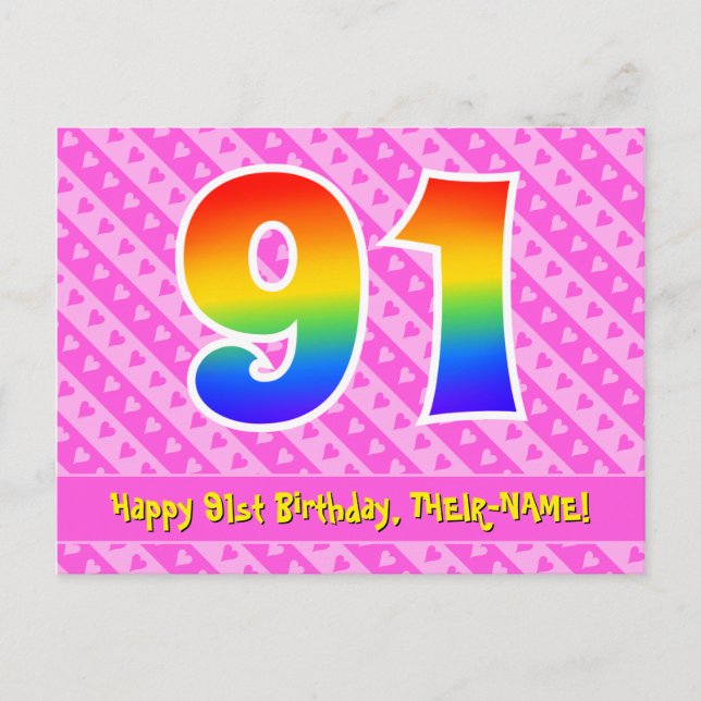 Carte Postale 91e anniversaire : Pink Stripes & Hearts, Arc-en-c (Devant)