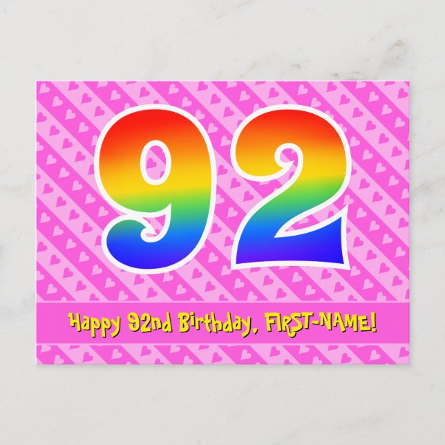 Carte Postale 92e Anniversaire : Bandes roses & Cœurs, Arc-en-ci (Devant)