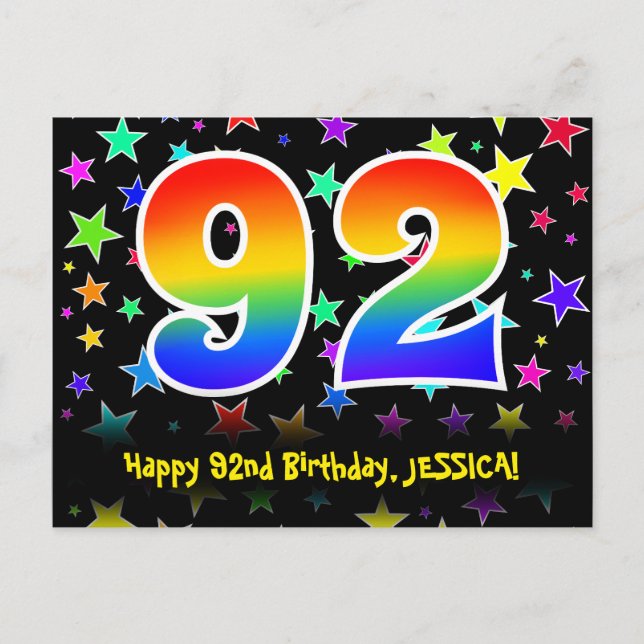 Carte Postale 92e Anniversaire : Motif Étoiles Amusantes, Arc-en (Devant)