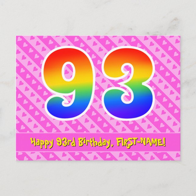 Carte Postale 93e anniversaire : Rayures roses & Cœurs, Arc-en-c (Devant)
