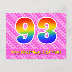 Carte Postale 93e anniversaire : rayures roses et cœurs, arc-en-