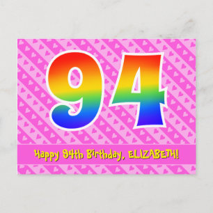 Carte Postale 94e anniversaire : Rayures roses et cœurs, Arc-en-