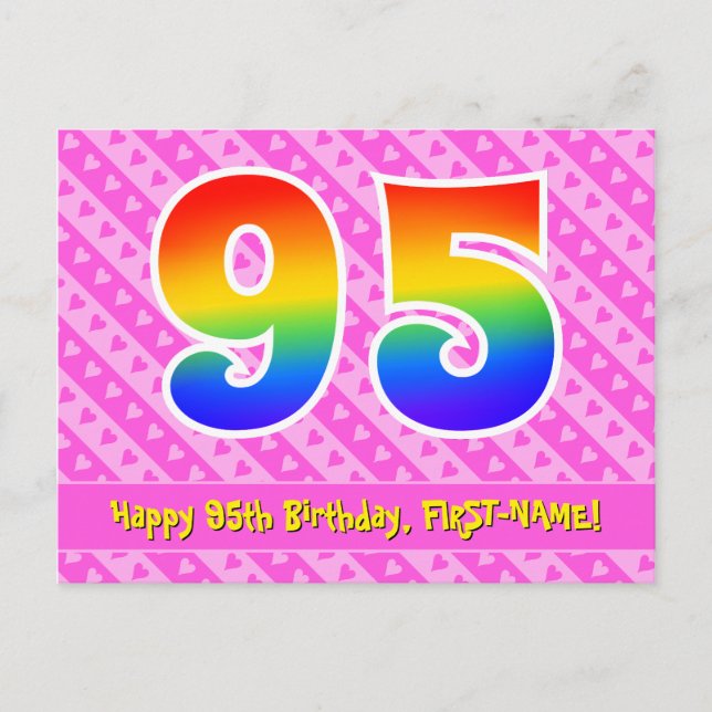 Carte Postale 95e anniversaire : Rayures roses et cœurs, Arc-en- (Devant)