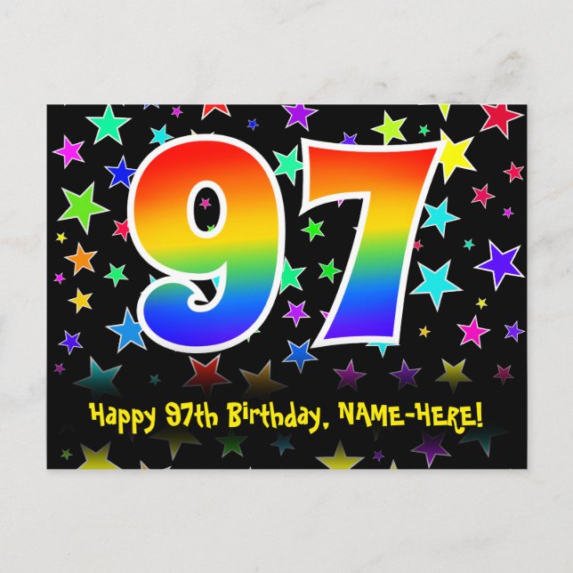 Carte Postale 97e Anniversaire : Motif Étoiles Amusantes, Arc-en (Devant)