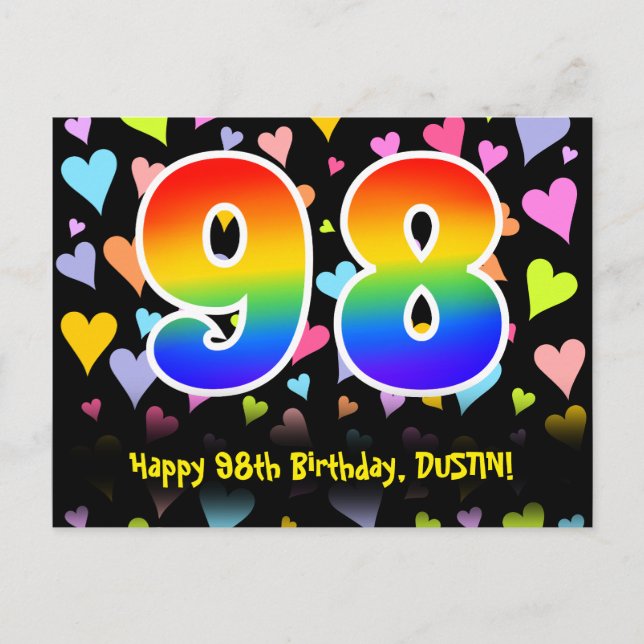 Carte Postale 98e Anniversaire : Motif coeurs amusants, Arc-en-c (Devant)