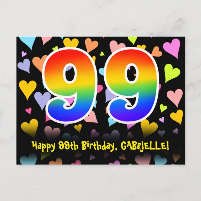 Carte Postale 99e Anniversaire : Motif coeurs amusants, Arc-en-c (Devant)