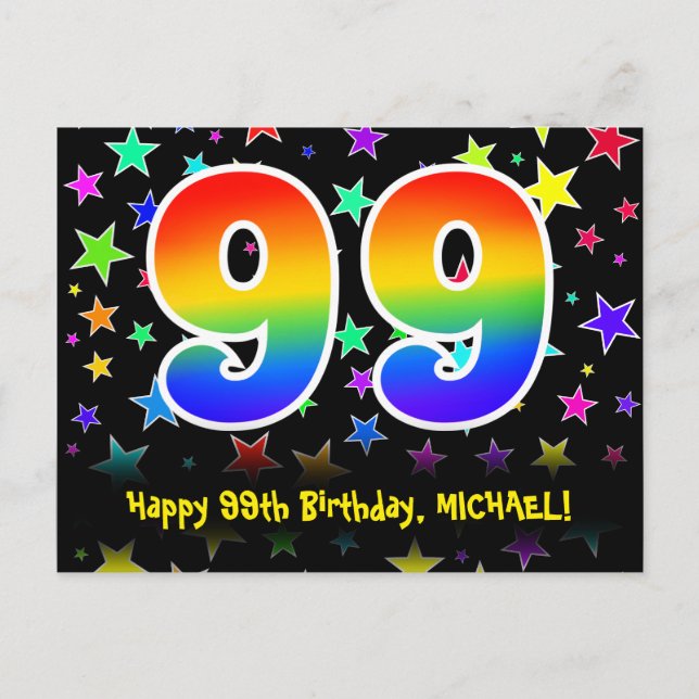 Carte Postale 99e Anniversaire : Motif Étoiles Amusantes, Arc-en (Devant)