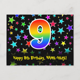 Carte Postale 9e anniversaire : Fun Stars Motif, Rainbow 9, Nom