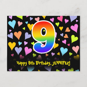 Carte Postale 9e anniversaire : motif coeurs amusants, arc-en-ci