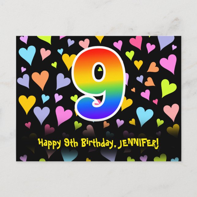 Carte Postale 9e anniversaire : motif de cœurs amusants, arc-en- (Devant)