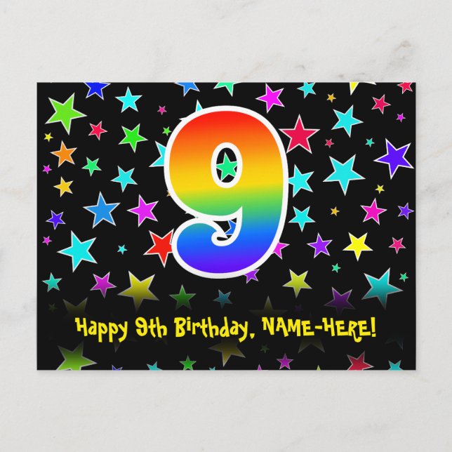 Carte Postale 9e Anniversaire : motif d'étoiles amusantes, arc-e (Devant)
