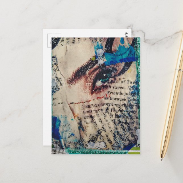 Carte Postale A face and words abstract friends joke collage (Devant/Arrière en situation)