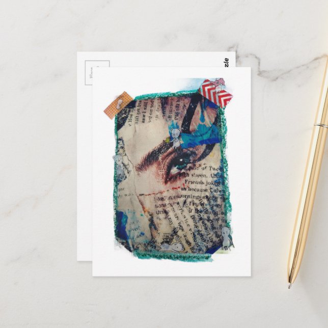 Carte Postale A face and words abstract mixed media collage (Devant/Arrière en situation)