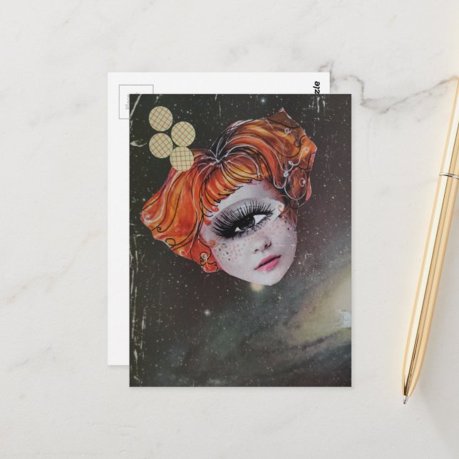 Carte Postale A face with single eye space mixed media collage (Devant/Arrière en situation)