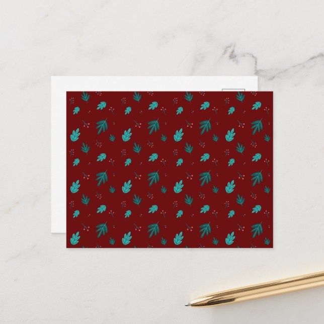 Carte Postale À feuillage persistant Tree Feuilles et Red Holly  (Devant/Arrière en situation)