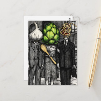 Carte Postale A garlic, an artichoke, and a spaghetti fork funny