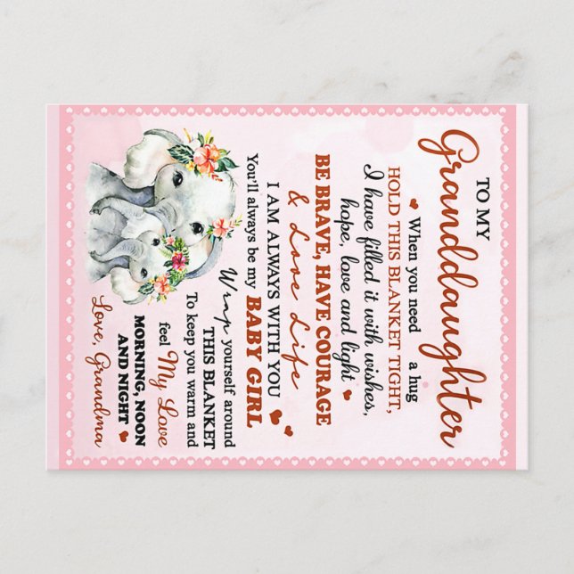 Carte Postale À ma petite-fille Elephant Idée cadeau d'anniversa (Devant)