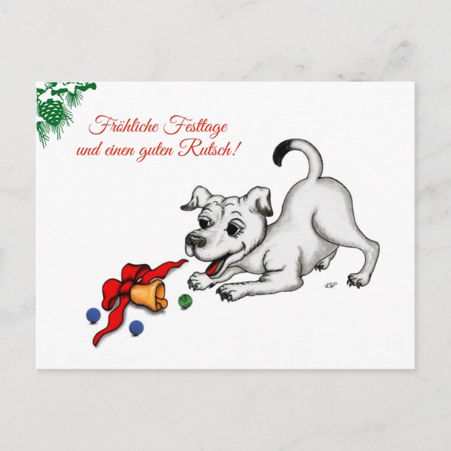 Carte Postale à Noël en allemand avec chiot cloche et balle (Devant)