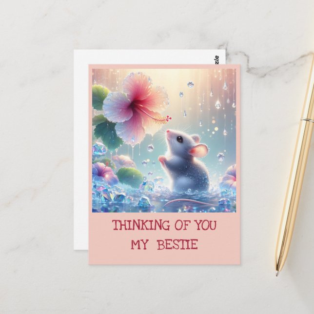 Carte Postale À penser à toi Fleur à Teint Rose Souris Mystique (Devant/Arrière en situation)