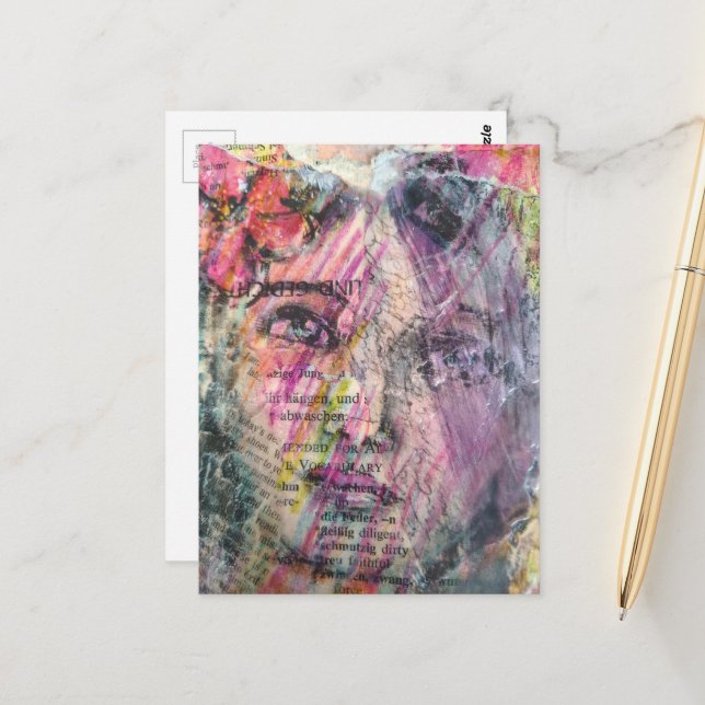 Carte Postale A pretty face mixed media collage (Devant/Arrière en situation)