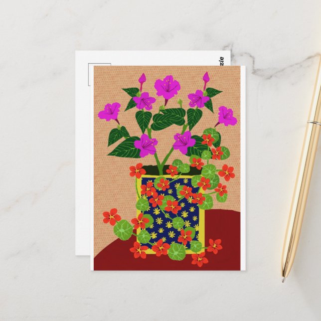 Carte postale à quatre heures et Nasturtium (Devant/Arrière en situation)
