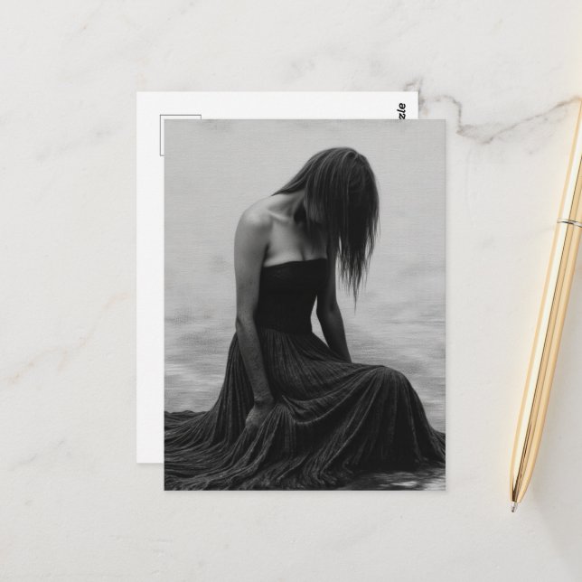 Carte Postale A Sad Woman in the Water Black and White (Devant/Arrière en situation)
