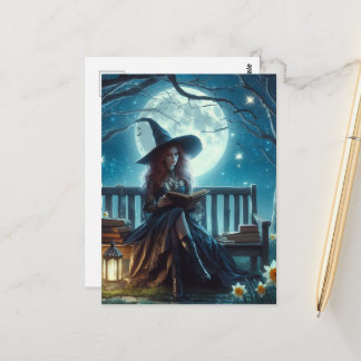 Carte Postale A Witch Reading Near the Daffodils at Night