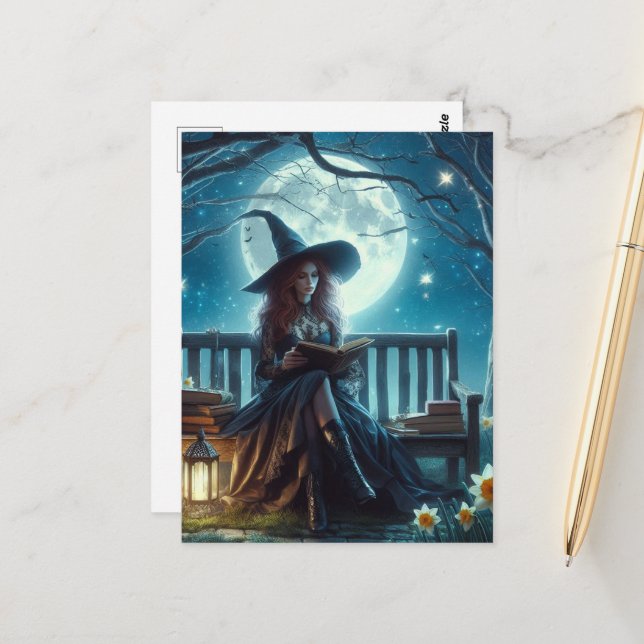Carte Postale A Witch Reading Near the Daffodils at Night (Devant/Arrière en situation)