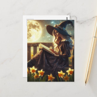 Carte Postale A Witch Reading Near the Daffodils Full Moon Night
