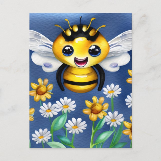 Carte Postale Abeille adorable dans une aquarelle de jardin fleu (Devant)
