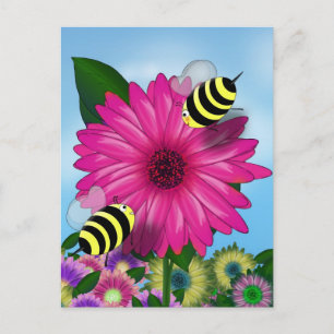 Carte Postale Abeilles à miel se rencontrant sur une fleur rose