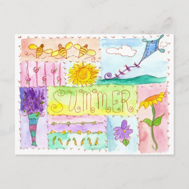 Carte Postale Abeilles de miel Kite Aquarelle Fleurs heureux été (Devant)
