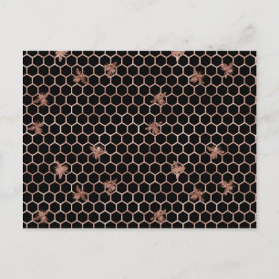 Carte Postale Abeilles d'or roses et peigne de miel sur noir