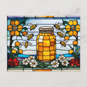 Carte Postale Abeilles en verre coloré et pot de miel