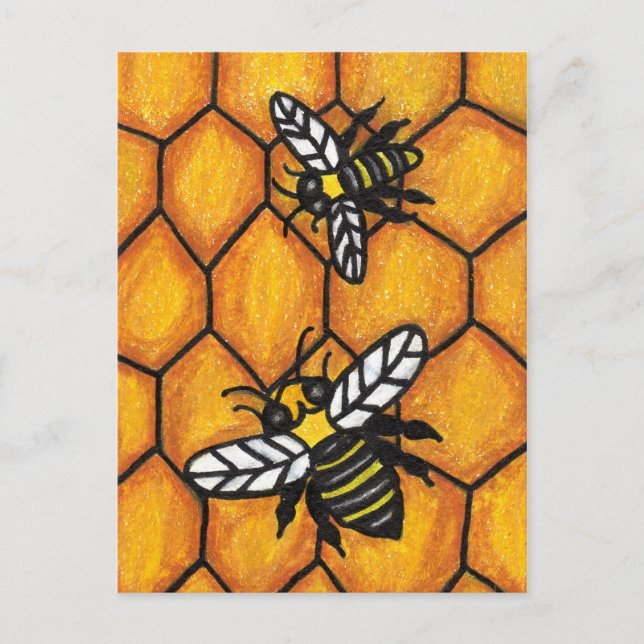 Carte Postale Abeilles jaunes noires Ailes blanches sur peigne d (Devant)