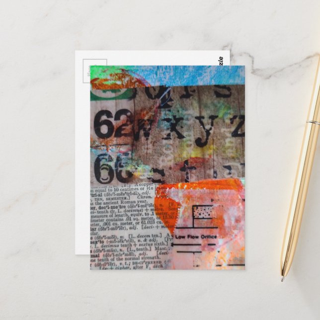 Carte Postale Abstract Numbers Letters Grunge collage  (Devant/Arrière en situation)