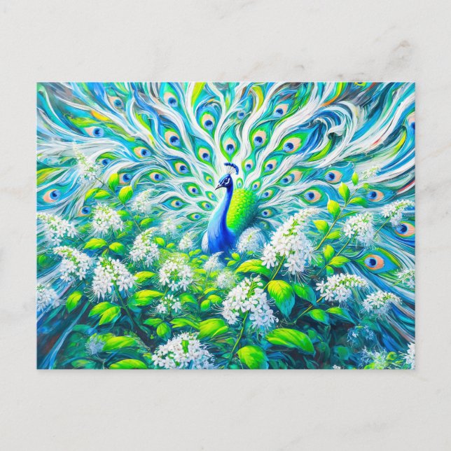 Carte Postale Abstract Peacock avec Bird Cherry Blossoms Paint (Devant)