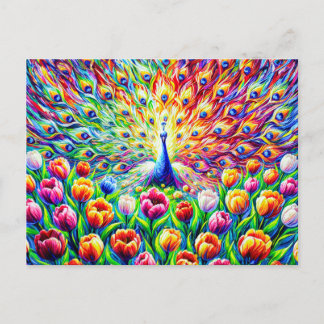 Carte Postale Abstract Peacock with Colorful Tulips in Paint
