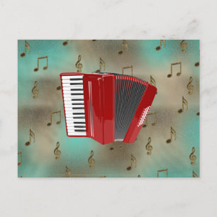 Carte Postale Accordéon rouge sur les notes musicales