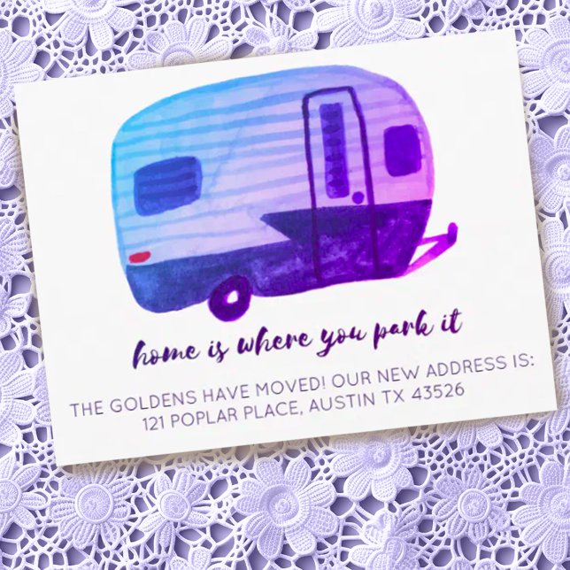 Carte Postale ACCUEIL EST L'ENDROIT OÙ VOUS LE PARK Nouvelle Adr (Custom new address postcard with watercolor retro RV trailer. Add your own text to customize it!)