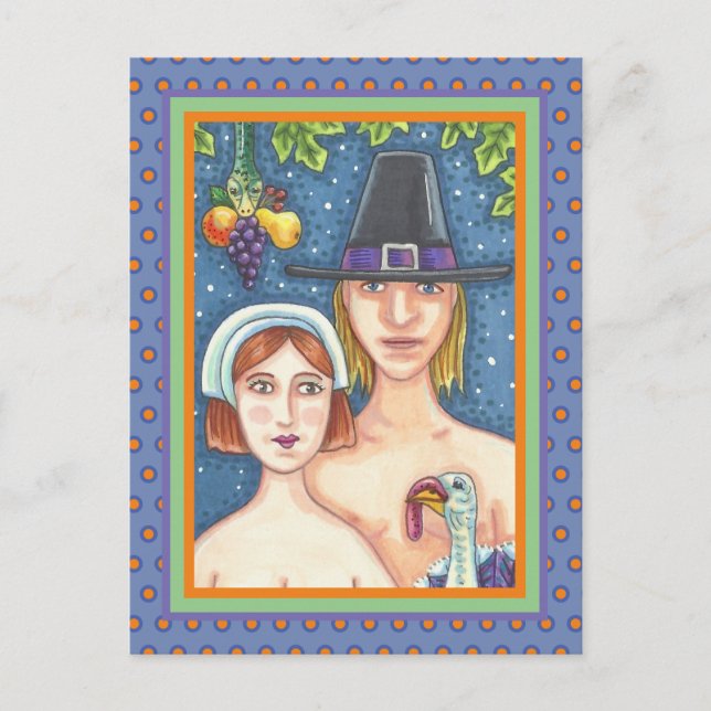 CARTE POSTALE ADAM & EVE PILGRIMS, BIBLICAL WHIMSY MERCI (Devant)