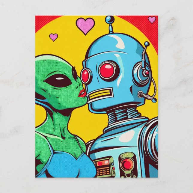 Carte Postale Adorable Alien vert en amour avec un robot (Devant)