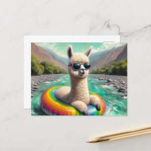 Carte Postale Adorable Alpaca sur un flotteur de couleur arc-en-