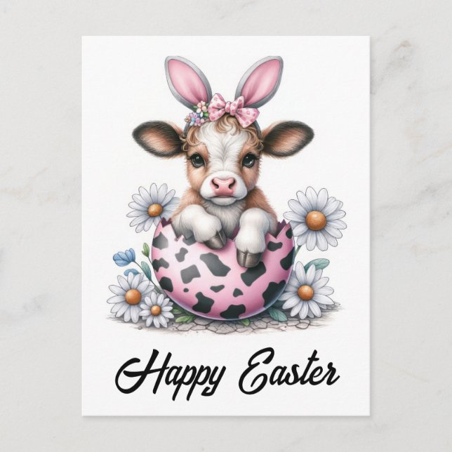 Carte Postale Adorable Aquarelle Vache de Pâques Oeuf Rose Boeuf (Devant)