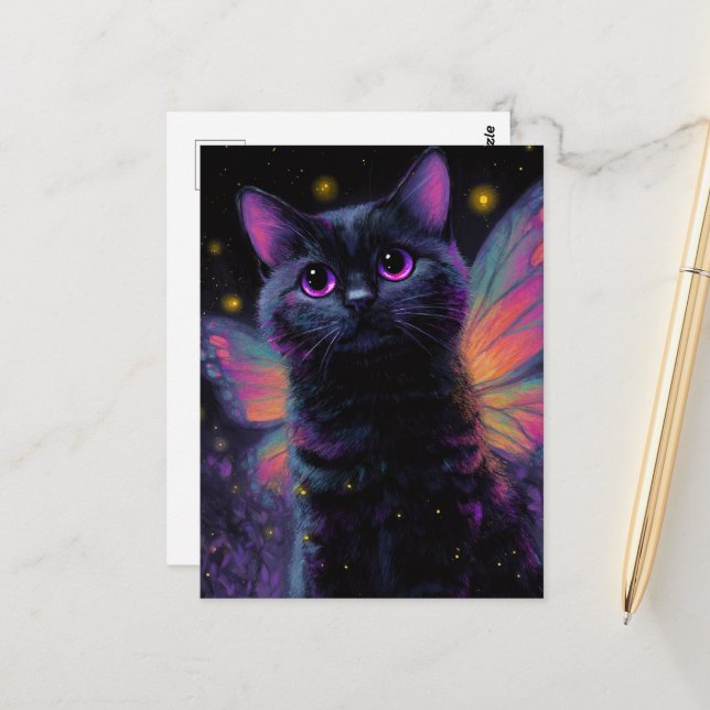 Carte Postale Adorable Black and Purple Cat Fairy (Devant/Arrière en situation)